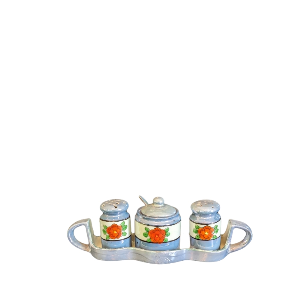 Vintage periwinkle floral lusterware condiment set with salt and pepper shakers